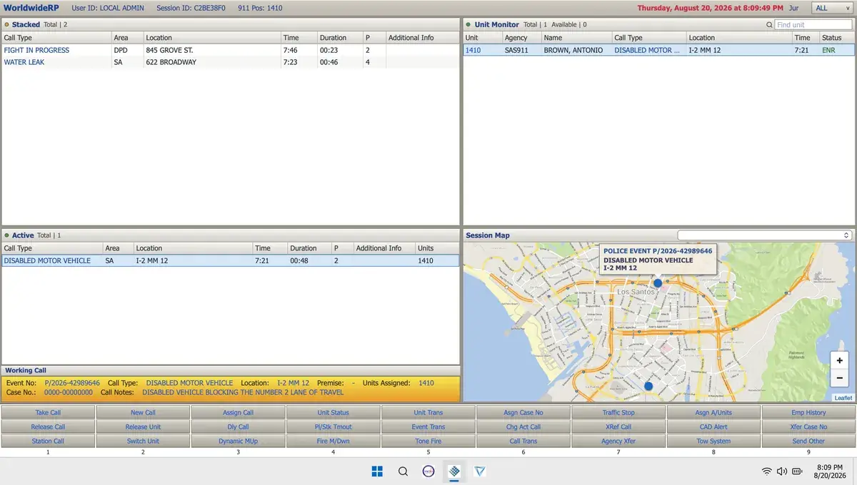 CAD and MDT interface showing Unit Monitor and Session Map